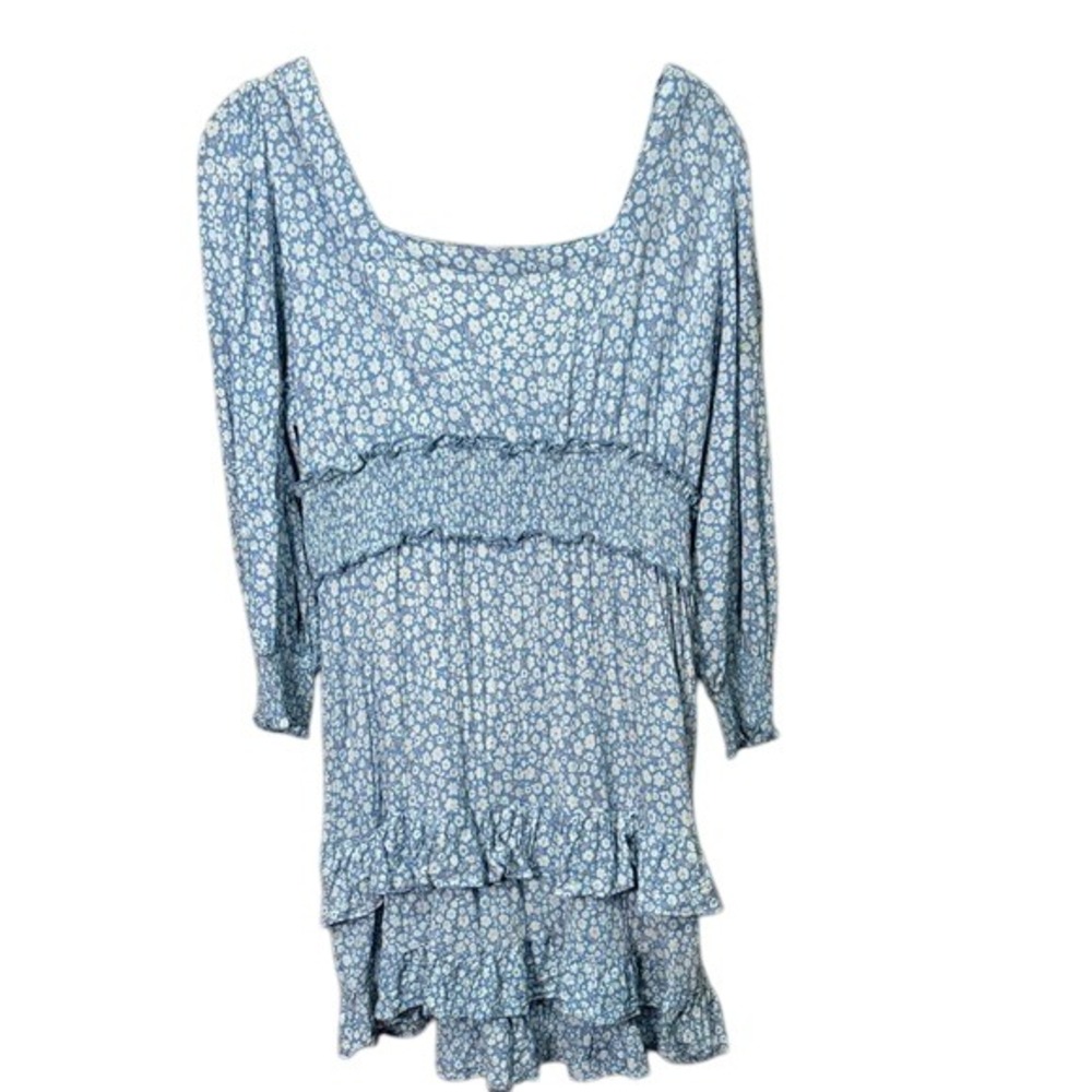 Angie Blue Floral‎ Print Long Sleeve Mini Dress Smocked Ruffle Square Neck Large